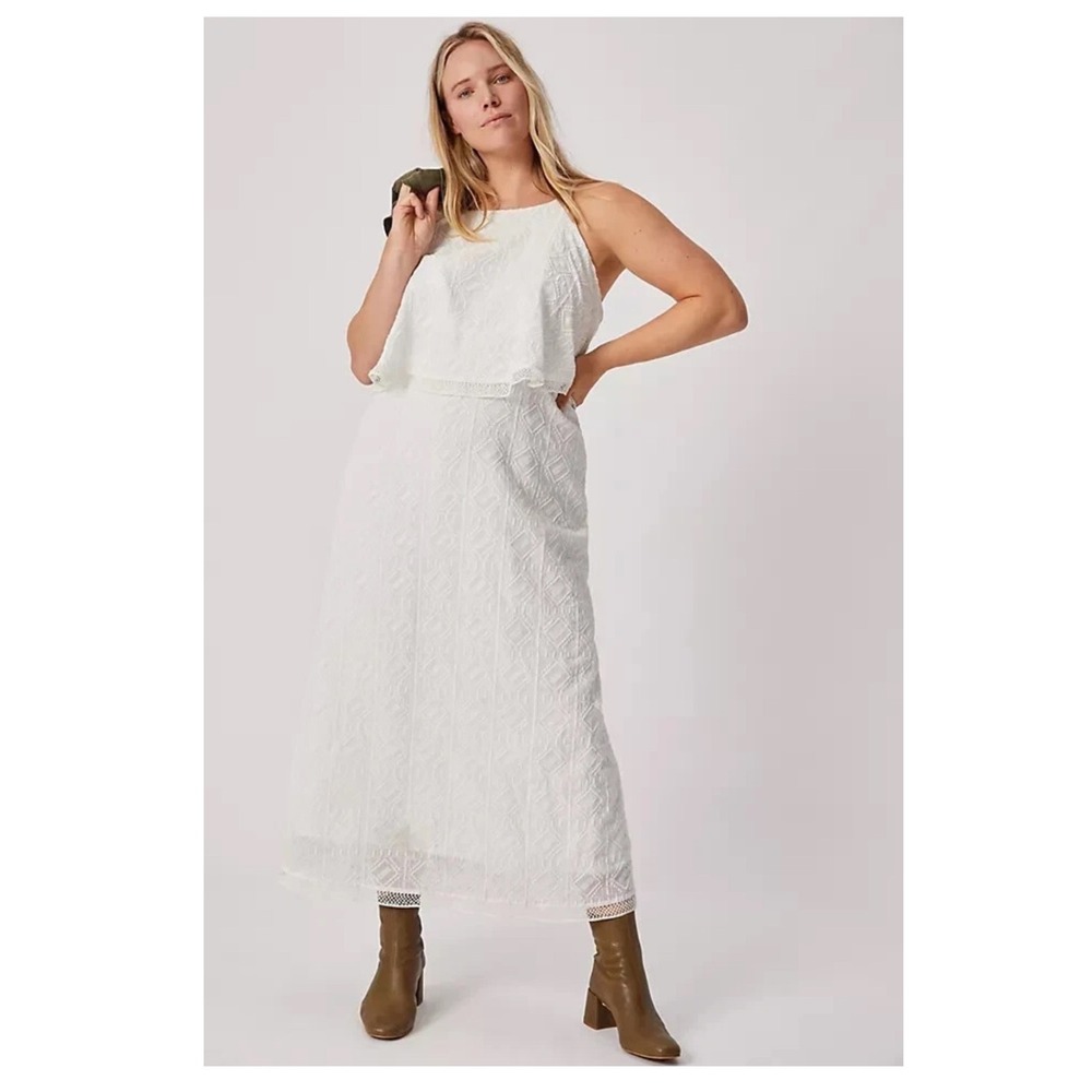 Anthropologie White Boho Geometric Textured Popover Maxi Dress Size 8